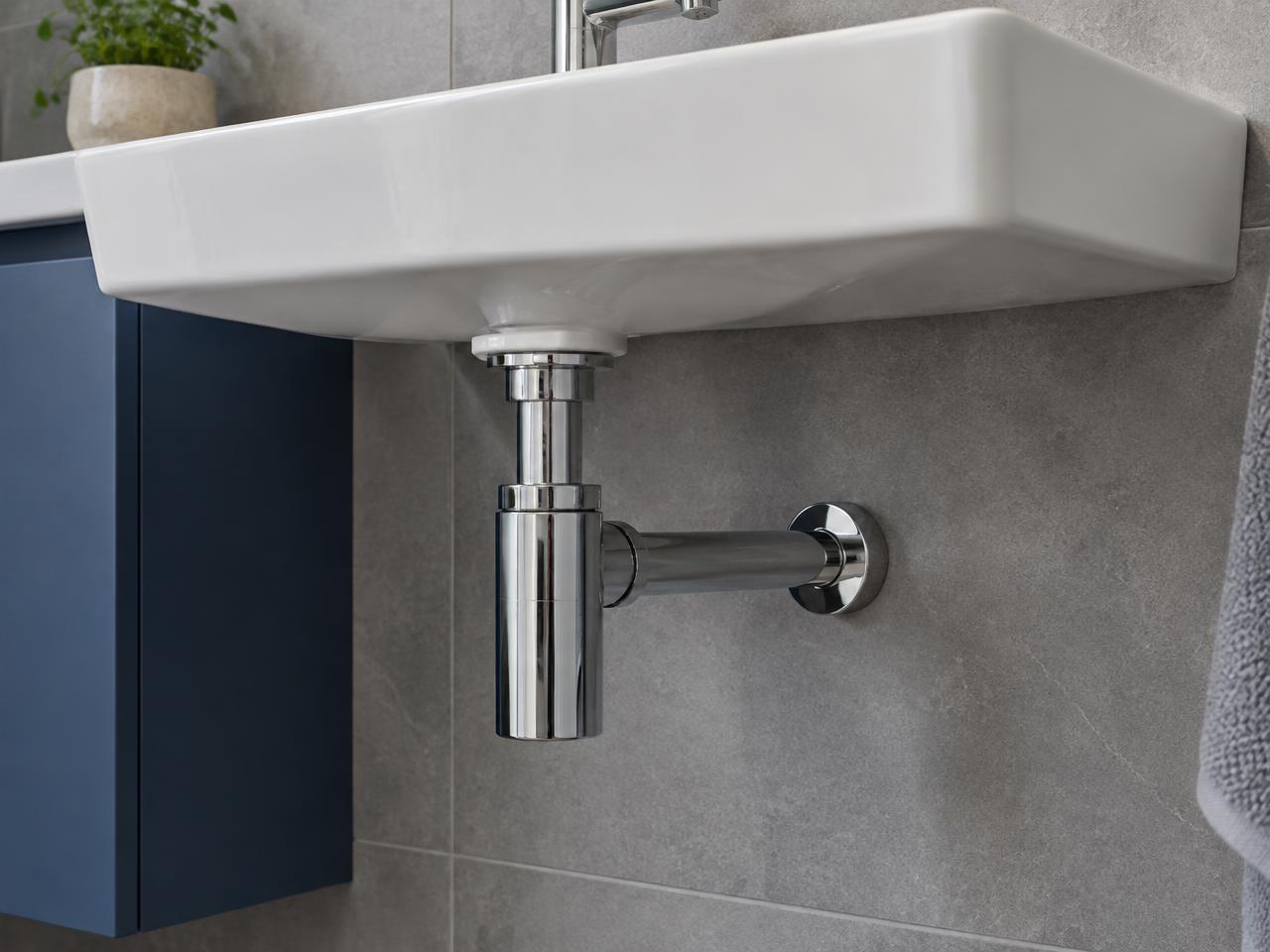 Chrome sifon en afvoeraansluiting onder een lavabo